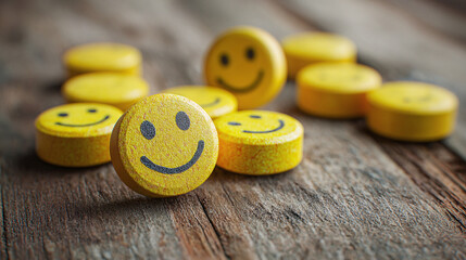 Close-up view of smiling pills arranged on a wooden surface