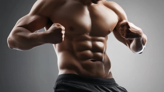 Muscular man's torso showcasing defined abs and chest with a focus on fitness and body strength concept for health and exercise themes.