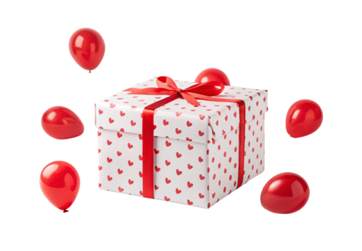 Heart-patterned gift box with red ribbon, surrounded by floating red balloons, celebration package, isolated on a transparent background - Powered by Adobe