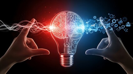 Creative concept with light bulb brain and hands symbolizing connections and ideas illustrating innovation and problem solving potential for technological advancements and intellectual synergy