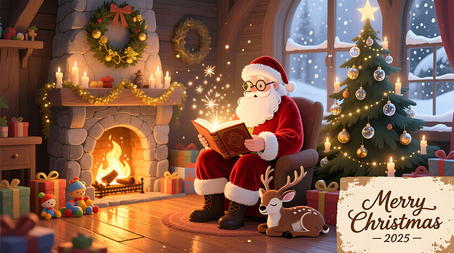 Santa claus sitting by a warm fireplace reading a book with a glowing magical light emanating from its pages surrounded by christmas decorations and presents