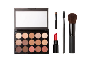 Makeup palette with neutral eyeshadows lipstick mascara and brushes, isolated on a transparent background