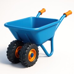 Fototapeta premium Toy wheelbarrow with two wheels, blue bed, orange handles, on a white surface