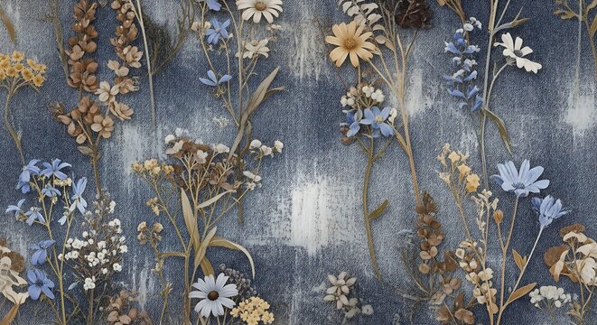 Seamless pattern of delicate dried wildflowers and varied floral bouquets on a distressed blue denim background - Powered by Adobe