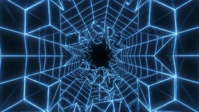 Seamless loop of electric blue geometric grid lines expanding and contracting in a rhythmic digital pulse pattern backdrop, vibrant, waveform