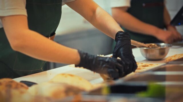 A cook skillfully wraps shawarma in a fast food establishment. Fresh ingredients are being used to create a tasty appetizer for customers during lunchtime