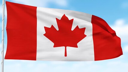 Canadian Flag Waving in the Wind Against a Blue Sky.