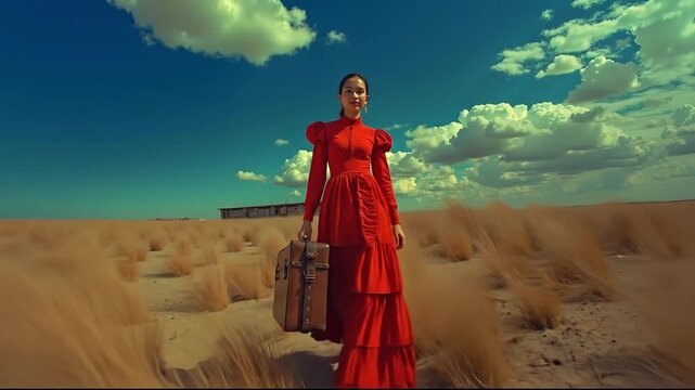 A woman in a red dress holding a suitcase in a field