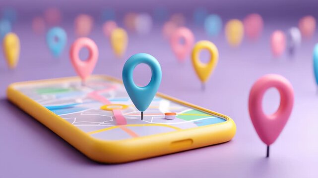 Smartphone with map, 3D Map pins, GPS, navigator pin checking points, 3D World Map icon, technology and application mobile smart phone with mobile, delivery tracking, transportation, generate by AI