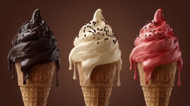 set of Chocolate, vanilla and strawberry splash of Ice cream cone flavor with clipping path, 3d, dessert, sweet, food, ice cream, delicious, gen by AI