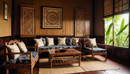 Serene Traditional Living Room Interior with Natural Wooden Furniture, Woven Accents, and a Lush Tropical Garden View