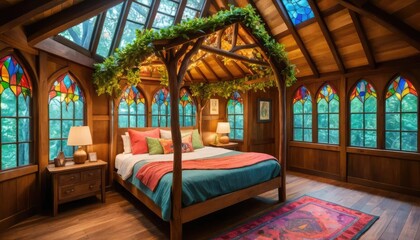 Enchanting Canopy Bed in a Gothic-Inspired Bedroom with Stained-Glass Windows