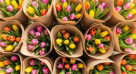 Vibrant floral bouquets of colorful tulips wrapped in brown kraft paper. An abundance of fresh flowers for sale at a market for spring holidays