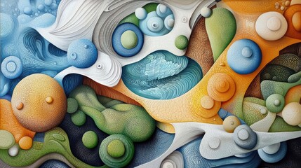 An abstract artwork featuring a vibrant composition of colorful shapes, including spheres, circles, and organic forms with textured details and a sense of depth