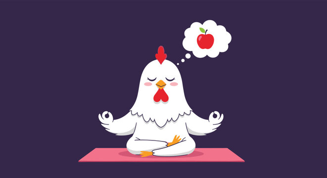 An adorable cartoon chicken is practicing meditation in a yoga pose on a pink mat, thinking about a juicy red apple.