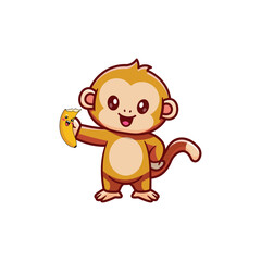 Fototapeta premium Cute Cartoon Monkey Holding Smiling Banana - Kawaii Animal Vector Illustration for Kids and Designs