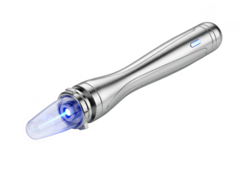 Silver futuristic pen emitting blue light isolated on transparent background for beauty and medical use