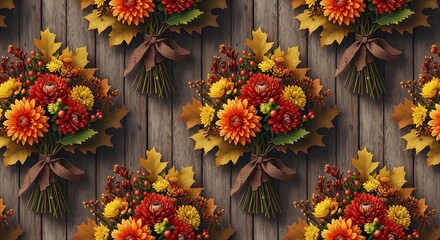 Vibrant seamless pattern of autumn floral bouquets, featuring chrysanthemums and maple leaves