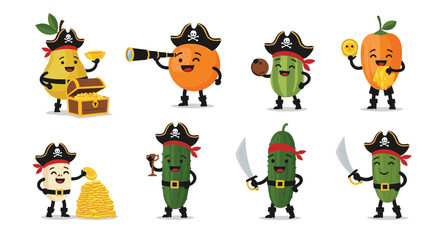 Obraz premium Adorable collection of cartoon fruits and vegetables dressed as pirates, adventuring with treasure chests, spyglasses, and swords on a white background.
