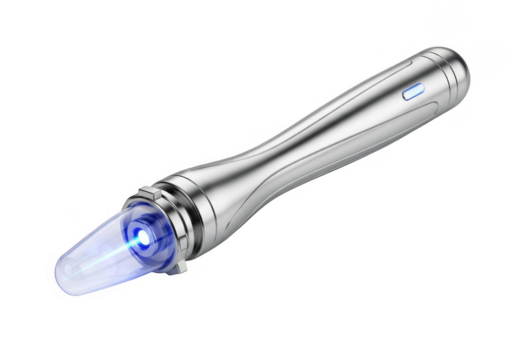 Silver futuristic pen emitting blue light isolated on transparent background for beauty and medical use