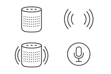 Smart speaker and voice assistant line icons set with microphone and wireless signal symbols