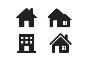 Four simple black silhouette icons of residential and commercial buildings