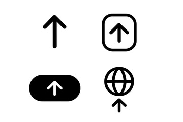 Black and white set of upload and internet data transfer icons with upward pointing arrow symbols