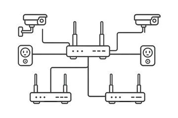 Home security system setup with connected surveillance cameras and wireless routers
