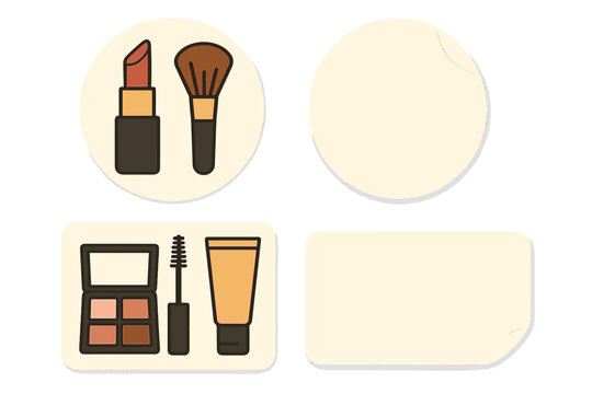 Cosmetic product icons on customizable round and rectangular sticker templates for beauty branding