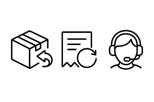 E-commerce return policy icons featuring package return, receipt exchange, and customer support symbols