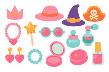 Adorable set of fantasy and fashion accessories including crown, magic wand, hats, sunglasses, jewelry, and perfume