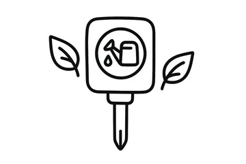 Minimalist symbol of a plant care sensor showing a watering can and leaves for horticulture