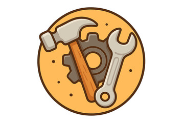 Essential repair and maintenance tools featuring a hammer, wrench, and gear wheel for service and settings