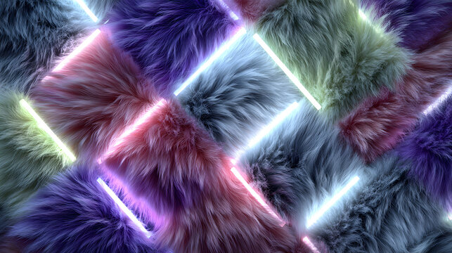 fluffy geometric squares with neon colors and glowing neon light tubes creating a vibrant bold modern wallpaper