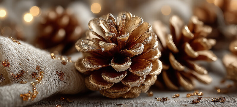 Beautiful golden pine cones with festive decorations on fabric