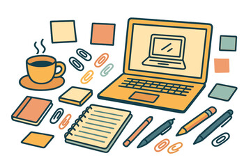 Creative workspace setup with laptop computer, hot coffee, notebooks, pens, and paper clips