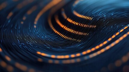 An abstract digital art piece featuring flowing lines with orange and blue lighting, creating a sense of movement and depth.