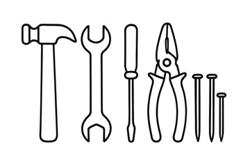 Essential household repair tools set including hammer wrench and screwdriver