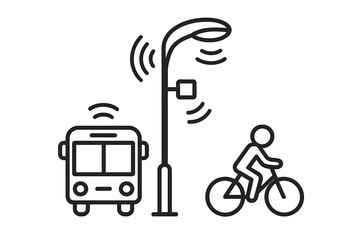 Connected public transport bus, smart street light infrastructure, and bicycle rider in modern urban environment