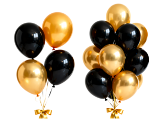 Black and gold balloons tied with ribbon metallic balloon, balloons, black, gold, metallic, shiny, helium, party, celebration, decoration, event, anniversary, birthday, luxury, elegant, festive, round