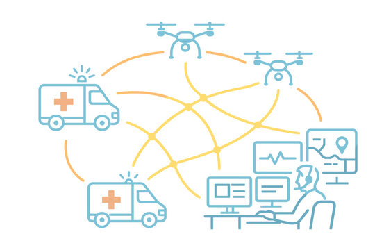 Emergency medical services network connecting ambulances, drones, and dispatch center for smart healthcare response