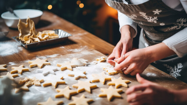 Hands shaping star cookies on flour dusted wooden table