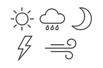 Set of essential weather forecast symbols including sun, rain, moon, lightning, and wind