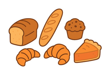 Collection of fresh bakery items: bread, baguette, croissant, muffin, and pie