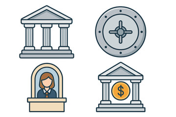 Set of financial icons including bank building, secure vault, and teller window