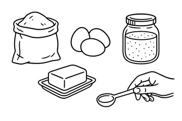 Essential baking ingredients set with flour sack, eggs, butter, and measuring spoon