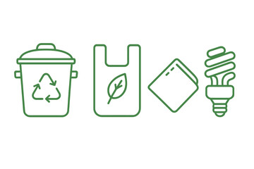 Environmental responsibility outline icons including recycling, waste management, and energy saving