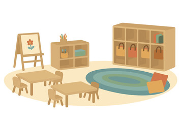 Fototapeta premium Cozy classroom setting with small wooden furniture, storage shelves, and easel