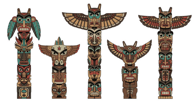 Illustrative collection of five traditional indigenous totem poles, featuring intricate carvings of animal and human figures.