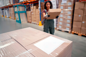 Warehouse shipping package with blank label and female worker managing inventory in background. Space for text.